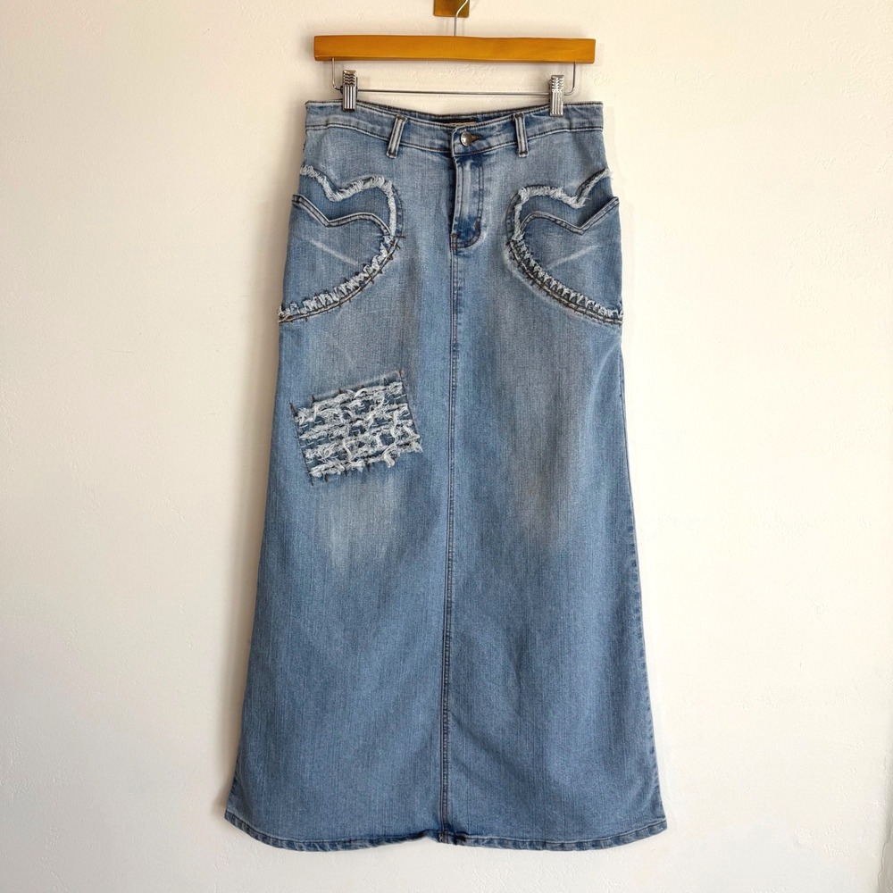 Y2K Denim Maxi Skirt 30 Heart Patchwork Pockets Distressed Grunge Streetwear